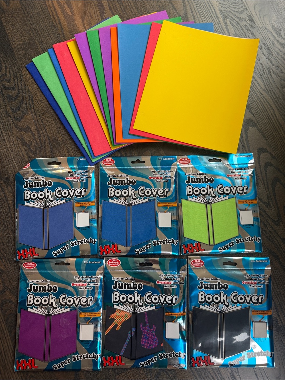 6 Jumbo Super Stretchy Book Cover - Assorted Bright Colors & 12 folders